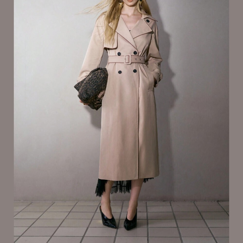 Tan Belted Double Breasted Long Trench Coat